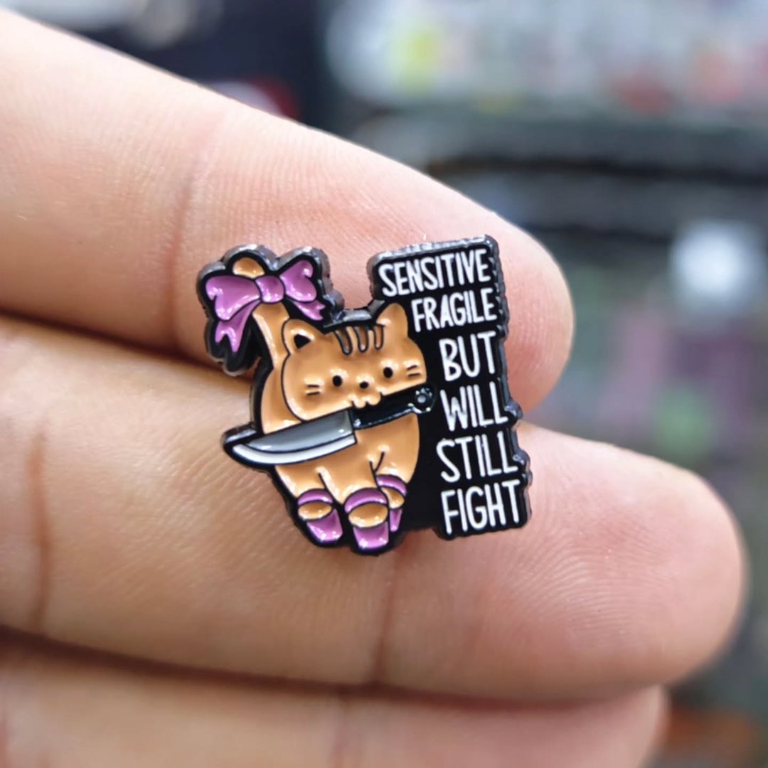 Sensitive Fragile Fight Cat Pins - alternate view